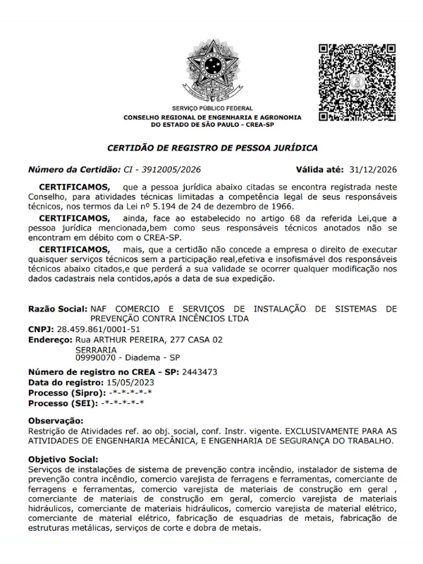Certidão de Registro de Pessoa Jurídica da NAF no CREA-SP