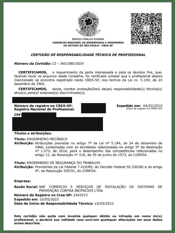 Certidão de Responsabilidade Técnica de Profissional vinculada à NAF no CREA-SP