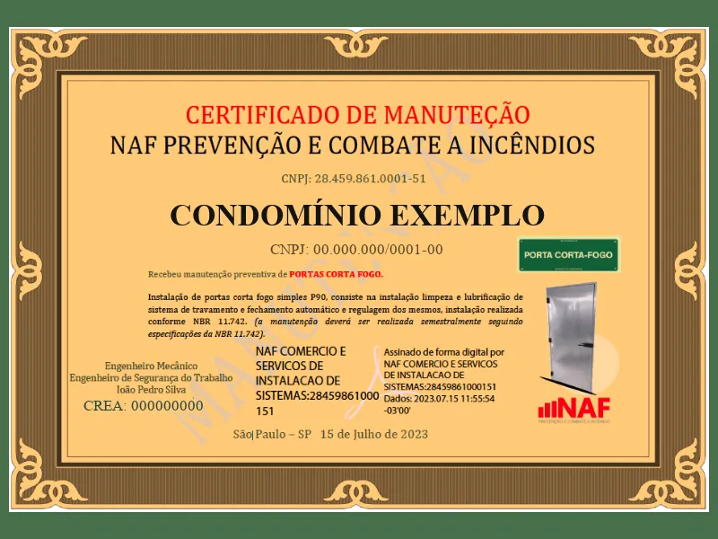 Modelo de certificado de manutenção de portas corta-fogo emitido pela NAF