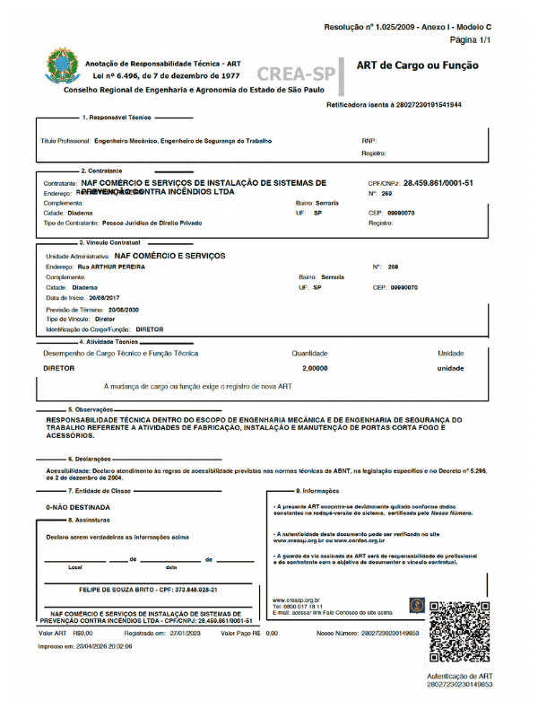 ART — Anotação de Responsabilidade Técnica emitida por engenheiros da NAF