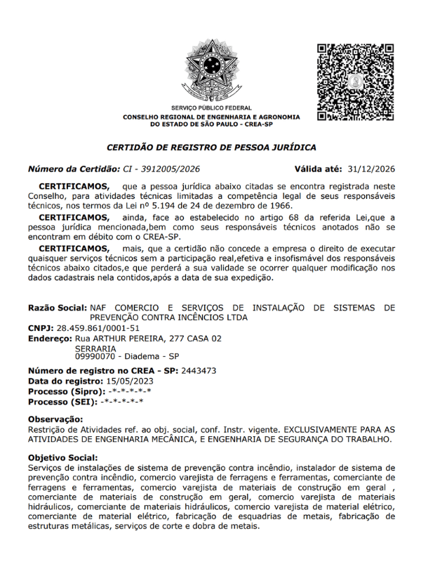 Certidão de Registro de Pessoa Jurídica NAF