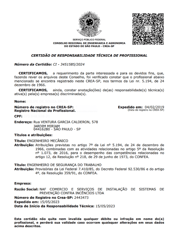 Certidão de Responsabilidade Técnica de Profissional emitida pela NAF
