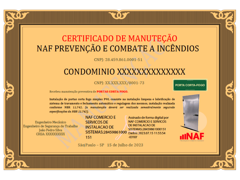 Certificado de Manutenção emitido pela NAF